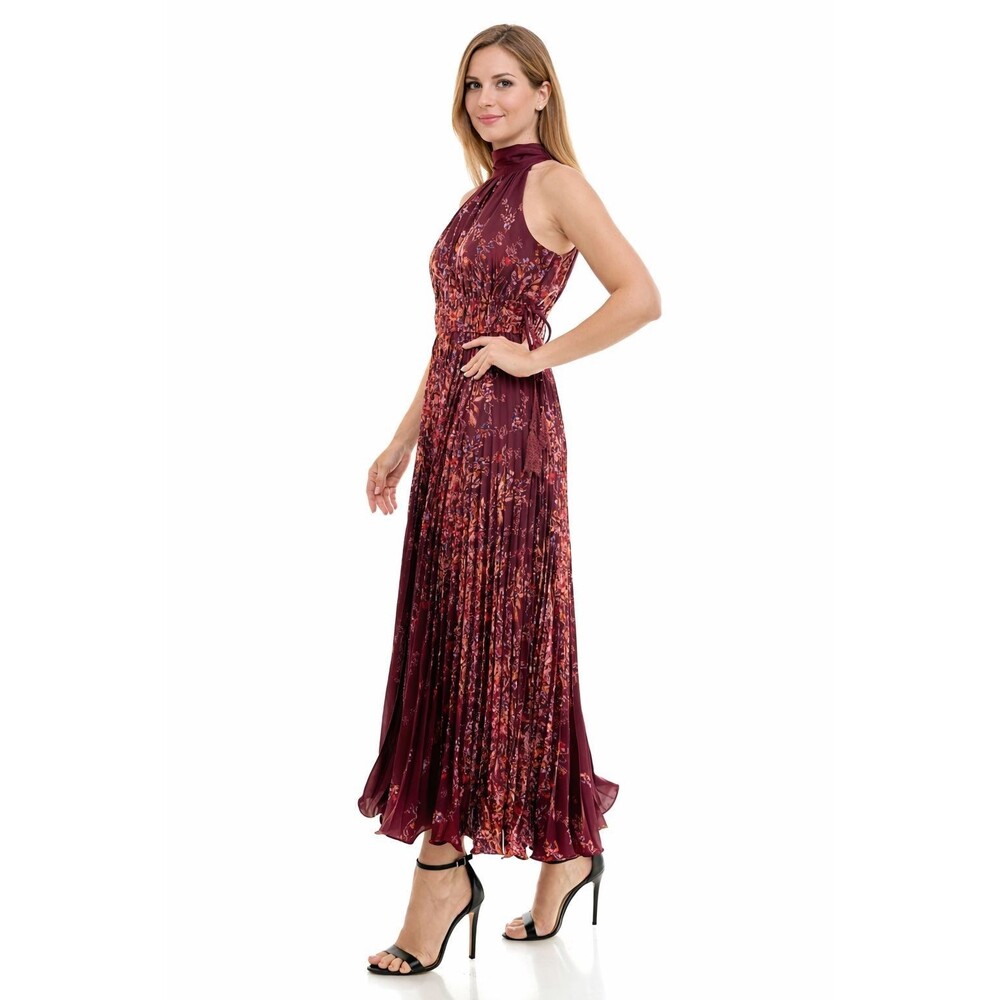 TAYLOR New Halter Floral Pleated Maxi Dress Burgundy Sleeveless‎ Casual 14